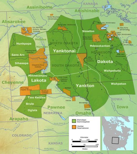 This picture shows the territory of various Sioux tribes. As demonstrated in the picture the Sioux tribes were located in North Dakota, South Dakota, Minnesota, Nebraska, and Iowa. The green regions of the map represent their largest range, and the orange regions represent their current reservations. Sioux Nation, Native American Reservation, Sioux Indian, Sioux Tribe, Indian Reservation, Standing Rock, Native American Tribes, Native American History, North Dakota