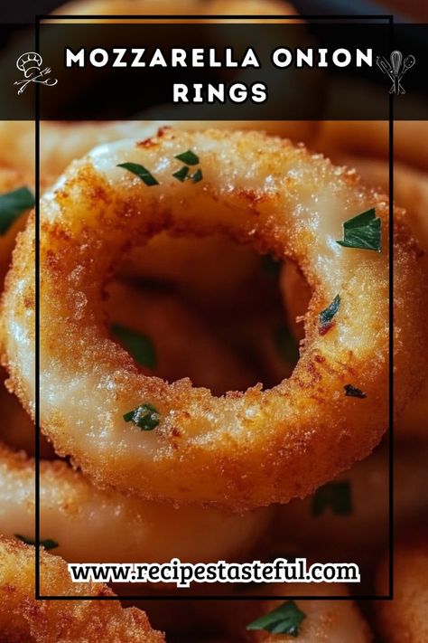 These crispy Mozzarella Onion Rings are a delicious twist on a classic appetizer. Filled with gooey mozzarella and coated in a crunchy breading, they are perfect for dipping in marinara sauce. Ideal for parties, game days, or a fun family snack! Recipe With Mozzarella, Mozzarella Balls Recipe, Mozzarella Recipes, Classic Appetizers, Cheese Spaghetti, Quick Weeknight Meals, Marinara Sauce, Onion Rings, Fun Family