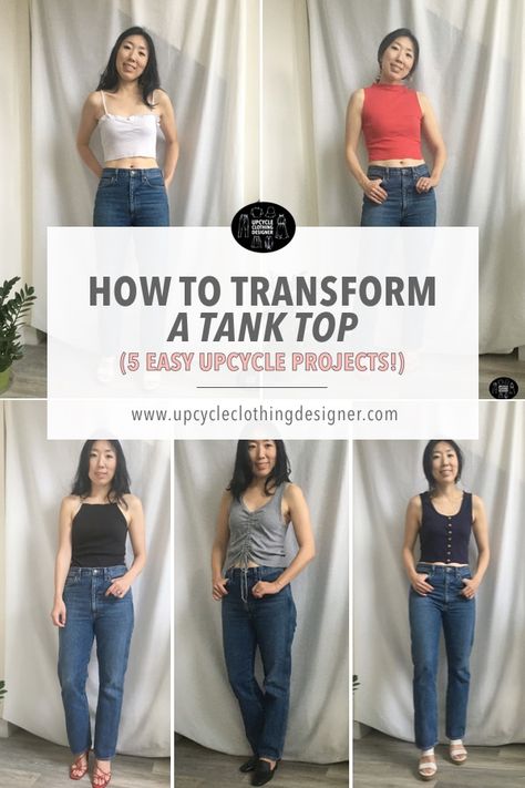 Transform a tank top with these easy DIY upcycle projects! Learn how to upcycle a tank top from your old clothes with no need to get rid of them to buy new. These trendy and chic knit tops are on trend and everywhere on social media right now. Follow the step by step tutorial video and instruction to create mock neck, ruffle crop top and many fashionable styles to wear. Easy Upcycle Projects, Sew Crop Top, Diy Tank Top, Easy Upcycle, Tank Tops Diy, Diy Sy, Sleeveless Turtleneck Top, Diy Tank, Sewing Projects Clothes