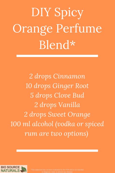 Add some spice to you life by creating this DIY essential oil perfume. Put the alcohol in a dark glass bottle and add the essential oils. Cover tightly and gently shake. Allow blend to sit for 2-6 weeks, then enjoy the fragrance!  Click the image for product information and more perfume recipes!  #aromatherapy #DIY # essentialoils Diy Fragrance Oil Perfume Recipes, Natural Perfume Recipes, Diy Essential Oil Perfume, Perfume Oil Recipes, Aromatherapy Diy, Essential Oil Perfume Blends, Perfume Blends, Essential Oil Perfumes Recipes, Diy Fragrance