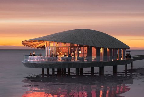 Restaurant in the hotel complex of the Ummahat Island Resort in the Red Sea, designed by Japanese architect Kengo Kuma Red Sea Project, Wood Restaurant, Architecture Drawing Presentation, Lodge Design, Floating Architecture, Floating Restaurant, Woods Restaurant, Timber Architecture, Hotel Exterior