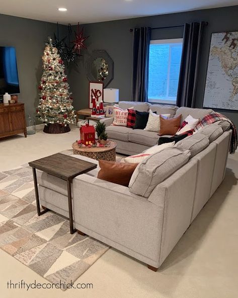 Our comfy and rustic Christmas basement tour! from Thrifty Decor Chick Christmas Basement, Christmas Family Room, Basement Family Rooms, Family Room Sectional, Comfy Sectional, Rustic Basement, Frugal Christmas, Thrifty Decor Chick, Cozy Basement