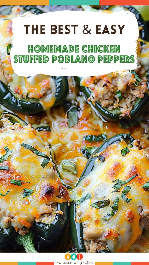 Spice up your dinner with Homemade Chicken Stuffed Poblano Peppers! These flavorful peppers are packed with a delicious mixture of shredded chicken, rice, corn, and Monterey Jack cheese, all seasoned to perfection. It's a hearty, satisfying dish that brings a touch of Mexican flair to your table. Perfect for family dinners or entertaining guests. Try this easy and mouth-watering recipe tonight and impress your loved ones! Pin this recipe now and get cooking! Buffalo Chicken Stuffed Poblano Peppers, Things To Make With Poblano Peppers, Ground Chicken Poblano Peppers, Chicken Stuffed Pablo Peppers, Poblano Stuffed Chicken, Chicken And Poblano Peppers, What To Make With Poblano Peppers, Chicken And Cheese Stuffed Poblano, Stuffed Poblano Peppers Recipe