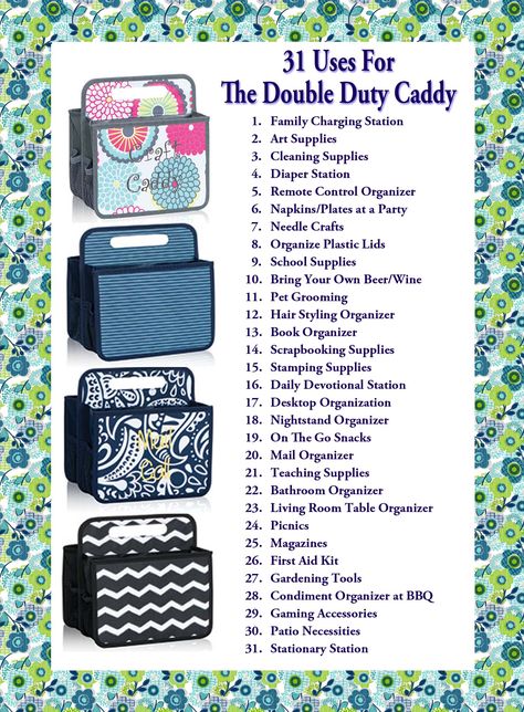 31 Uses for the Double Duty Caddy Like my Page on FB: https://www.facebook.com/SherriMartin Thirty One Order Has Shipped, Thirty One Personalization Ideas, Thirty One Bag Ideas Personalization, Bill Pay, Thirty One Organization, Thirty One Uses, 31 Party, 31 Bag, Thirty One Totes