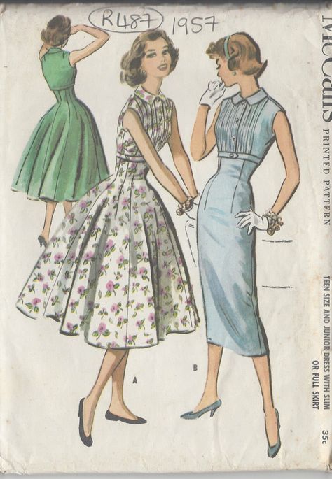 ~ Circa/Date: 1957 ~ Details:   Two style variation DRESS  ~ Size/Measurements (Inches):     ~ Size: 11      ~ BUST: 31 1/2″     ~ Waist: 24 1/2″      ~ Hip: 33 1/2″ ~ Please Note: ~ You are buying a 'Professional Reproduced' copy of this sewing pattern. Copied from the original sewing pattern. Produced in Full Scale Pattern Pieces ready to cut with full instructions included. Reproduced on high quality 50 gm paper with black ink, durable and easier for reuse. Printed by a Professional Printing Vintage Vogue Sewing Patterns, 1950 Fashion, Vintage Dress Patterns, Vogue Sewing, Vogue Sewing Patterns, Retro Mode, Vintage Mode, Couture Vintage, Vestidos Vintage