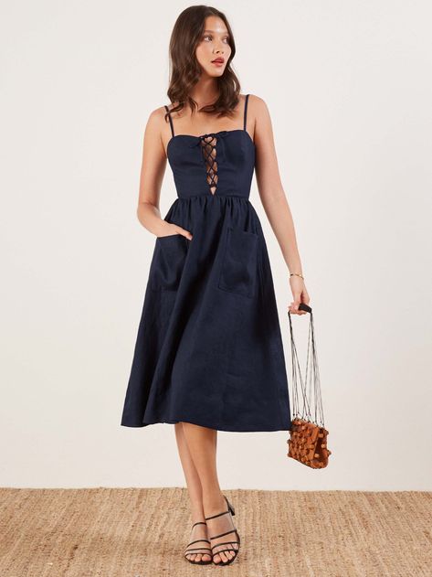 Reformation Ellen Dress Linen Midi Dress, Reformation Dress, Silky Dress, Navy Midi Dress, Reformation Dresses, Dress Zipper, Little Dresses, Bohemian Dress, Dresses Short