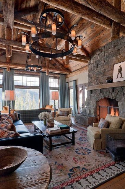 Dragonfly Designs: Do curtains work in cabins and mountain homes? Luxury Lodge Lighting, Log Cabin Ideas, Rustic Living Room Furniture, Cabin Interiors, Cabin Living, Log Cabin Homes, Lodge Decor, Mountain Homes, Cabins And Cottages