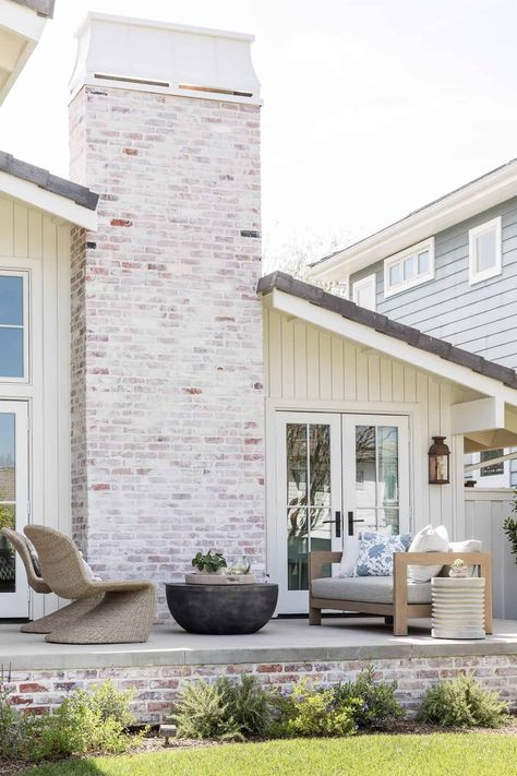 White Wash Brick Exterior, Mindy Gayer Design, Coastal Exterior, Painted Brick House, White Siding, White Wash Brick, Brick Chimney, Outdoor Living Rooms, Exterior Paint Color