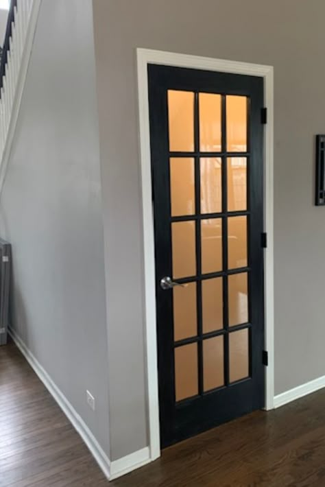 A French door creates openness and an inviting feeling to your finished basement. French Doors To Basement, Door Leading To Basement, Glass Door Basement Stairs, Interior Glass Doors To Basement, Basement Exterior Door Ideas, Small Basement Door Ideas, Glass Door Basement, Diy Basement Door, Basement Bedroom Door Ideas