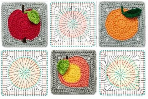 Colorful Crochet Square Graphics With Fruits: Inspire Your Creativity Fruit Granny Square, Apple Square, Crochet Fruit, Crochet Car, Colorful Crochet, Kit Bebe, Crochet Blog, Crochet Creations, Square Crochet