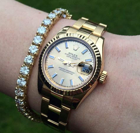 Solid gold Rolex Ladies Datejust and diamond tennis bracelet, visit www.Watchlink.com for a full item profiles ‪#‎Rolex‬ ‪#‎Datejust‬ ‪#‎Diamond‬ ‪#‎Tennis‬ ‪#‎Geneva‬ ‪#‎Swiss‬ ‪#‎Luxury‬ ‪#‎Collector‬ ‪#‎Watchlink Rolex Watches Women, Trendy Watches, Swiss Luxury, Gold Rolex, Diamond Tennis Bracelet, Sterling Bracelets, Bracelets Gold Diamond, Tennis Bracelet Diamond, Jewelry Inspo