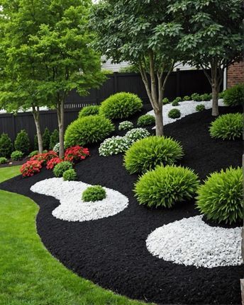 20 Elegant Black Mulch Landscaping Designs To Copy - Toolz Geek Black And White Landscaping Ideas, Mulch And Rock Landscaping, Black Mulch Landscaping, Backyard Landscapes, Green Corner, Mulch Landscaping, Small Yard Landscaping, Landscape Borders, Backyard Design Layout