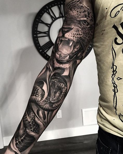 - Realistic Tattoos by Greg Nicholson  <3 <3 Sleeve Tattoos Arm, Tattoos Arm Sleeve, Jungle Tattoo, Animal Sleeve Tattoo, Tattoos Arm, Realistic Tattoo Sleeve, Tattoos Mandala, Drawing Hair, Tattoos Geometric