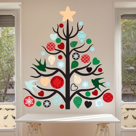 Our Christmas Tree Wall Decal Kit will add a touch of style and and Holiday charm to your home, office, or dorm. The kit contains One large Tree, split into 9 Branches, 3 dove silhouettes, 10 Hearts, 16 Ornament Decals in Various patterns & Colors, 15 polka Dots in Various Christmas Colors and One Christmas Tree Wall Decal, Christmas Classroom Door, Christmas Wall Stickers, Christmas Tree Wall, Tree Decals, Christmas Wall Hangings, Wall Hanging Crafts, Tree Wall Stickers, Christmas Classroom