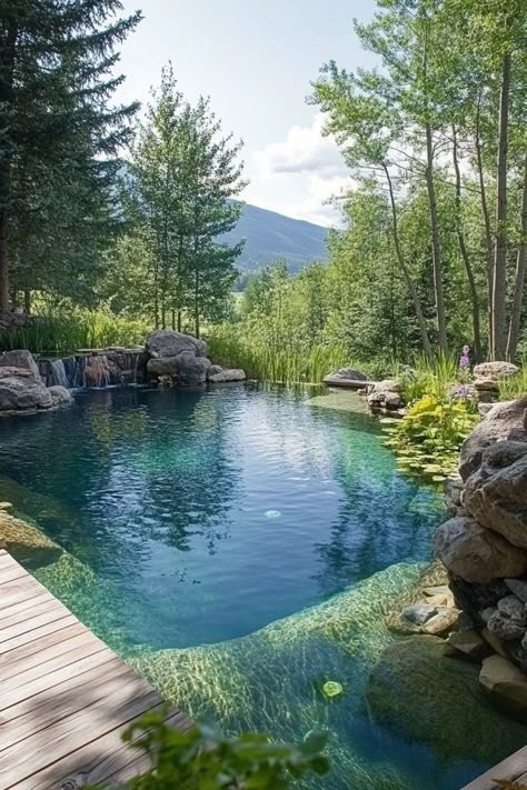 Natural Pool Ideas Swimming Ponds, Natural Lake Pool, Natural Pond Swimming Pool, Wild Swimming Pool Garden, Outdoor Natural Pool, Natural Swimming Pools Backyard, Natural Pool With Waterfall, Bio Pool Natural, Indoor Natural Pool