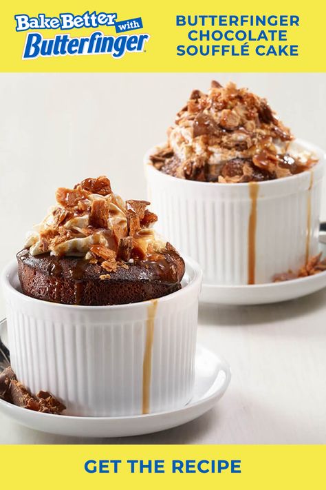 Butterfinger Recipes, Chocolate Souffle Cake, Butterfinger Cheesecake, Desserts Nutella, Mason Jar Cakes, Butterfinger Cookies, Self Saucing Pudding, Chocolate Souffle, Cereal Treats