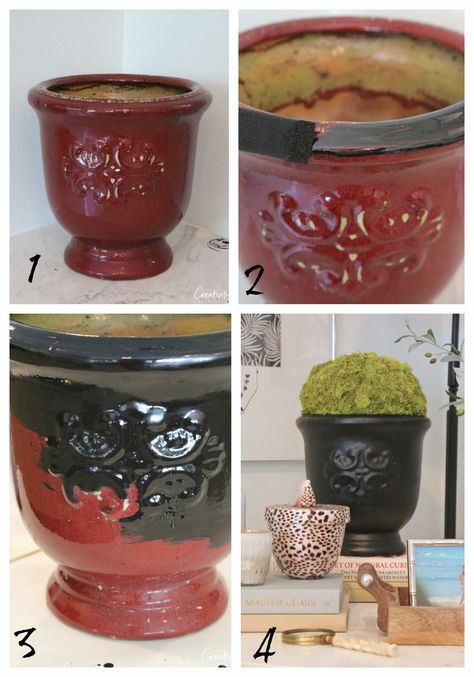 Painting glazed ceramic pots with Testors enamels. #ad Painting Over Glazed Ceramic Pots, How To Paint Glazed Ceramic, How To Paint Ceramic Pots Planters, How To Paint Over Glazed Ceramic, Paint A Ceramic Pot, Paint Glazed Pots, Paint Ceramic Pots Diy, Ceramic Pot Makeover, Repainting Ceramic Pots