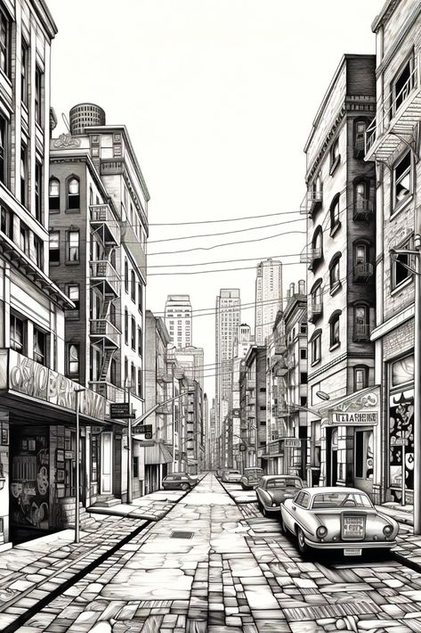 2 Point Perspective Drawing Outdoor, Building One Point Perspective, City Point Perspective, City Landscape Perspective, City 1 Point Perspective, 1pt Perspective Drawings, Drawings With Perspective, Modern City Sketch, 1 Point Perspective Cityscape