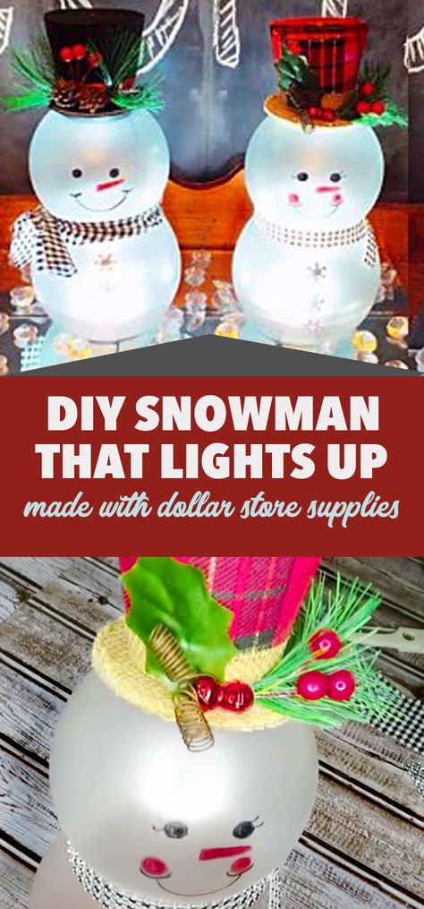 Dollar Store Christmas Crafts - DIY Snowman That Lights Up - Cheap Holiday Decor Ideas #christmas #christmascrafts #dollarstorecrafts Diy Christmas Ornament Tree, Snowman Crafts Dollar Tree, Crafty Snowman Ideas, Winter Dollar Store Crafts, Light Up Snowman Craft, Dollar Tree Christmas Presents Diy, Christmas Crafts Diy Snowmen, Dollar Store Snowman Crafts, Dollar Tree Snowmen Crafts