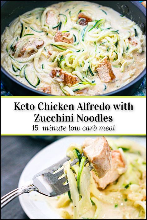 pan and plate with keto chicken alfredo and text Chicken Alfredo With Zucchini Noodles, Shrimp Alfredo Zucchini Noodles, Zucchini Noodles With Chicken, Chicken Alfredo Zoodles, Zucchini Chicken Alfredo Pasta, Keto Shrimp Alfredo Zucchini Noodles, Easy Zucchini Noodle Recipes, Keto Alfredo Recipes, Zucchini Alfredo Pasta