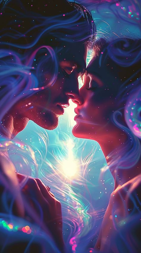 This magical soulmate art delicately illustrates the tender affection between a couple bathed in the soft glow of romance. Their aesthetic suggests an ethereal connection, telling an enchanting narrative of love. Her thought "His eyes are the most beautiful thing I've ever seen" imbues the painting with an irresistible charm. Truly, this soulmate illustration embodies timeless romantic tales. Soulmate Connection Art, Soulmate Illustration, Feminine Dance, Twin Flame Quotes, Black Roses Wallpaper, Couple Artwork, Soulmate Connection, Divine Masculine, Twin Flame Relationship