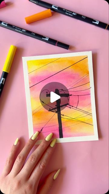 Tombow USA on Instagram: "Let’s paint a nostalgic watercolor scene of the sun setting behind a cluster of power lines! Do you prefer watching the sunset or the sunrise? Let us know in the polls! 🌇 Jennifer - @letters.jc⁠ ⁠ Products Used:Let’s paint a nostalgic watercolor scene of the sun setting behind a cluster of power lines! Do you prefer watching the sunset or the sunrise? Let us know in the polls! 🌇 Jennifer - @letters.jc⁠ ⁠ Products Used:⁠ - @Maruman.USA Vif-Art Watercolor Paper Pad⁠, Medium Grain, A4⁠ - @TombowUSA Dual Brush Pen, Bright, 10-Pack (No. 055, 743, 933)⁠ - @TombowUSA MONO Twin Permanent Marker⁠ - @TombowUSA MONO Twin Permanent Marker, Fine & Chisel Tips⁠" Watercolor Art Sunrise, Watercolor Brush Pen Art, Brush Pen Art, Watercolor Brush Pen, Watching The Sunset, Power Lines, Sun Setting, The Sunrise, Watercolor Brushes