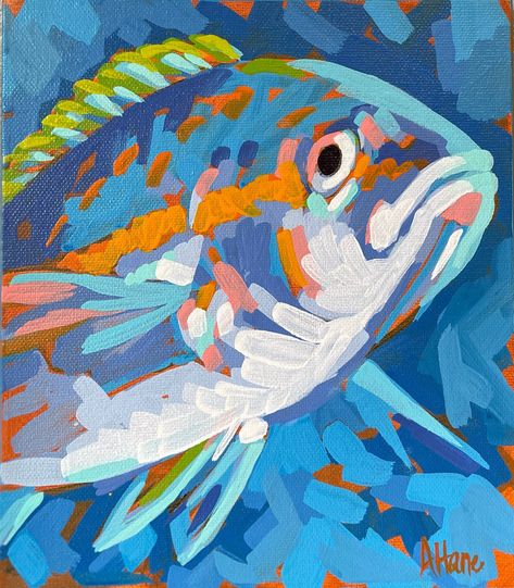 "Tropical Fish Original Acrylic Painting. This painting is on stretched canvas measuring 8x8x1\". It comes unframed and can be hung as is.   This original is ready to be shipped. My studio is located in the panhandle of Florida. I love getting inspiration from the nature and architecture that surrounds me. I love spending my time in the garden, designing, hiking and exploring the great outdoors. Thank you for stopping by. If you have any questions please let me know." Tropical Fish Painting Acrylics, Paintings Of Turtles, Tropical Fish Painting, Painting Fish Acrylic, Acrylic Fish Painting, Turtle Painting Acrylic, Andrea Lavery, Fish Painting Acrylic, Tropical Fish Art