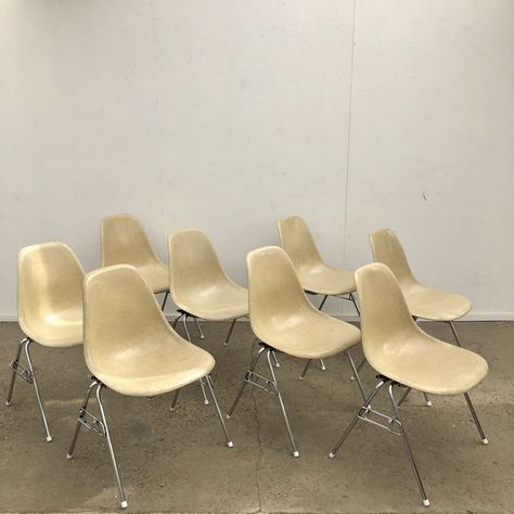 For sale: Set of 8 Eames DSS chairs by Vitra, 1960s Eames Lcw Chair, Eames Plywood Chair, Eames Aluminium Chair, Eames Side Chair, Eames Molded Plastic Chair, Vitra Chair, Eames Fiberglass Chair, Charles Ray, Futuristic Furniture