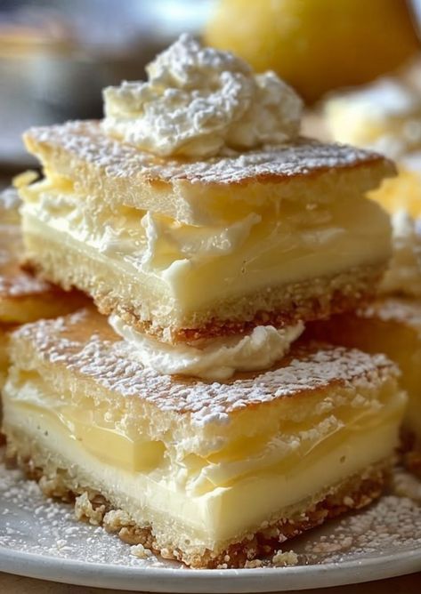 Indulge in creamy Vanilla Custard Cream Squares! A delightful treat with rich custard and buttery crust. Perfect for dessert lovers! #VanillaDelight #CustardLovers #DessertSquares Cream Slice Recipe, Custard For Tarts, Almond Cream Cheese Bars, Classic Vanilla Custard Bars, Caramel Custard Tart, Vanilla Custard Squares, Dessert For Family Dinner, Custard Pies Recipes, Vanilla Cream Desserts