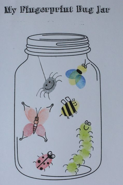 Found this FREE mason jar printable........ (http://avirtuouswoman.org/fingerprint-bug-jar-printable/)     Such a fun craft w/added writing prompt.  craft by Erin Mitchell Bug Activities, Bugs Preschool, Insect Crafts, Fingerprint Art, Insects Theme, Bug Crafts, Footprint Art, Daycare Crafts, Handprint Art