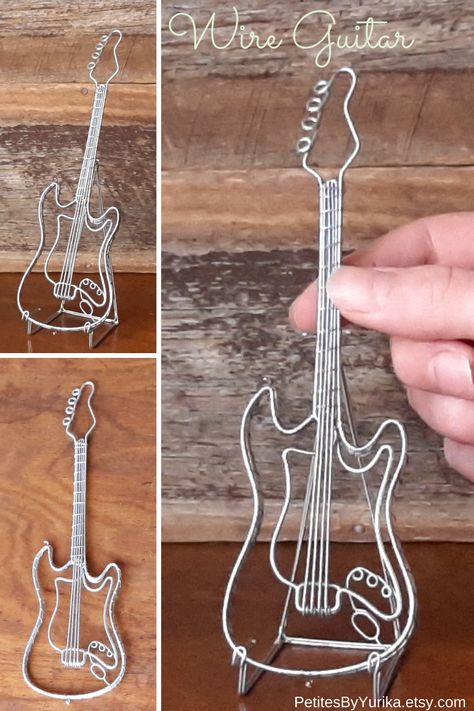 Guitar Wire Art, Wire Wrapped Guitar Tutorial, Wire Wrapped Guitars, Wire Guitar Jewelry, Guitar Gifts For Him, Wire Wrapped Guitar, Wire Guitar, Guitar Gift Ideas, Music Inspired Jewelry