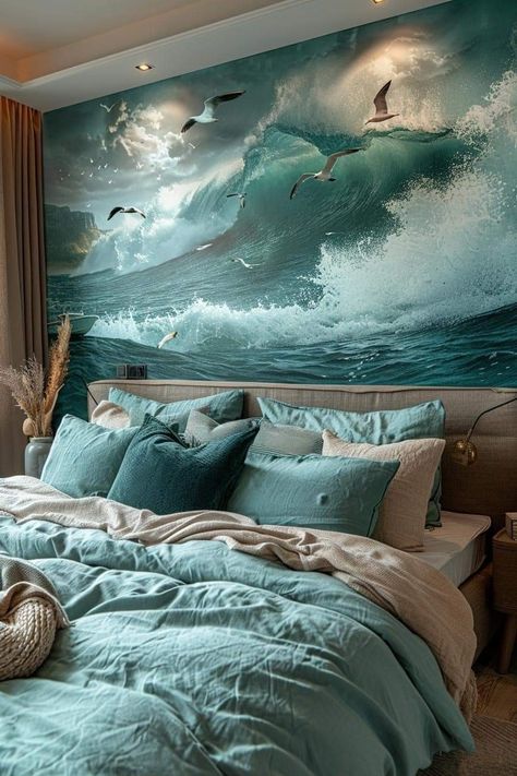 Crisp Bedroom Ideas, Ocean Inspired Bedroom, Modern Coastal Bedroom Ideas, Beach Inspired Bedroom, Sea Bedrooms, Seaside Cottages, Ocean Themed Rooms, Modern Coastal Bedroom, Ocean Bedroom