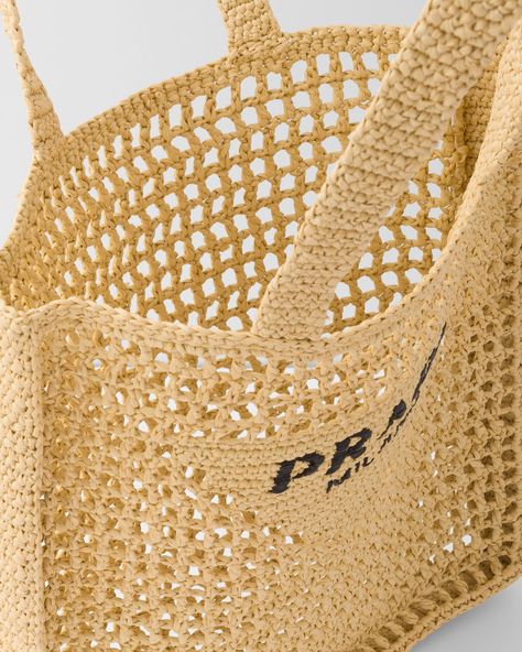 Raffia Tote Bag, Prada Milano, Logo Items, Crochet Tote Bag, White Tote, Crochet Tote, Triangle Logo, Simple Bags, Prada Men