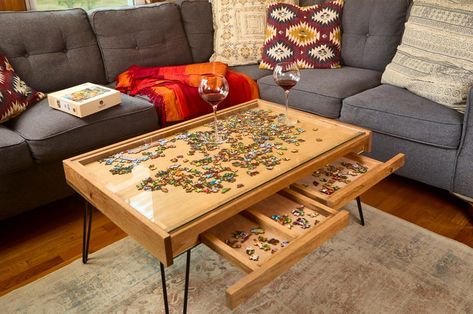 Rustic Puzzle Coffee Table With Removable Glass Top Includes 2 Hidden Drawers 24x36. 100% Made in the USA - Etsy Puzzle Coffee Table, Japanese Blinds, Wine Chart, Coffee Table Height, Dallas Cowboys Decor, Mom Cave, Antique Bathroom, Dungeons And Dragons Accessories, Puzzle Table