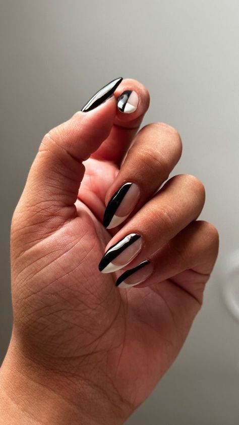 Half Black Nail Design, Full Black Nail Designs, Black And White Split Nails, Half Nails Design, Half French Half Full Nails, Half French Tip Nails Half Solid, Half And Half Nails Designs, Half Black Nails, Half Black Half White Nails