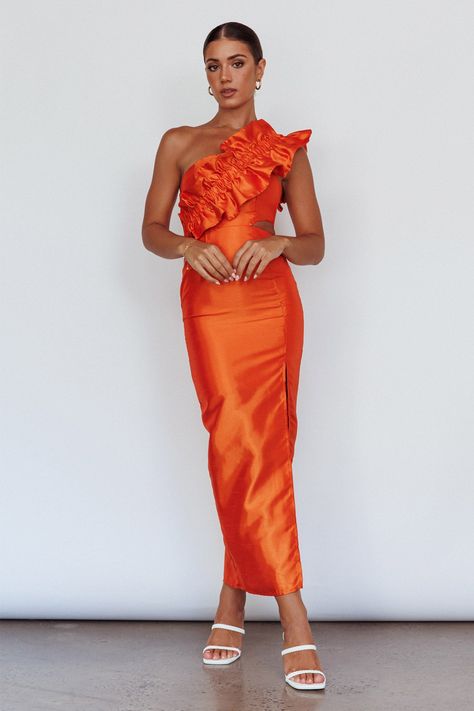 Shop the NY Moment Wide Ruffle Shoulder Dress Orange | Selfie Leslie Orange Floor Length Dress, Light Orange Bridesmaid Dress, Bright Formal Dress, Orange Dress Outfit Wedding Guest, Halter Wedding Guest Dress, Bright Wedding Guest Dress, Mismatched Orange Bridesmaid Dresses, Orange Dresses Formal, Fun Bridesmaid Dresses