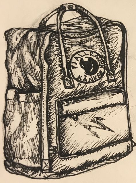 Kanken backpack pen sketch art Creepy Backpack Drawing, Backpack Illustration Inktober, Spooky Backpack Drawing, Backpack Sketch Drawing, Inktober 2024 Backpack, Anime Backpack Drawing, Backpack Drawing Reference, Backpack Inktober, Backpack Doodle