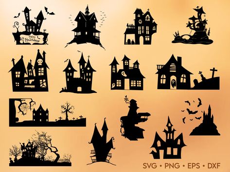 Small Haunted House Tattoo, Haunted House Clip Art, Spooky House Silhouette, Easy Haunted House, Haunted House Silhouette, Haunted House Tattoo, Spooky Houses, Clip Art Halloween, Halloween Cricut