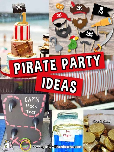 15 Fun Pirate Party Ideas For Kids. Everything you need for throwing your little Mate a perfect pirate party. From Pirate Invitations, Pirate Cakes, Pirate food ideas, Pirate party printables and Pirate Favors. We have them all here. #pirates #pirateparty #piratetheme #boyspartyideas #kidspartyideas #pirate Boys Birthday Party Games, Pirate Party Ideas, Pirate Party Games, Kids Pirate Party, Pirate Party Invitations, Pirate Party Favors, Pirate Themed Birthday Party, Pirate Invitations, Pirate Themed Birthday