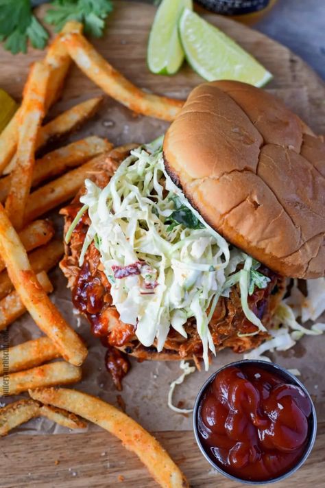 Slow Cooker BBQ Chicken Sandwich Recipe - Butter Your Biscuit Chipotle Slaw, Bbq Chicken Sandwich Recipes, Braised Chicken Breast, Bbq Chicken Recipe, Pulled Chicken Sandwiches, Chicken Sandwich Recipe, Shredded Bbq Chicken, Bbq Chicken Sandwich, Recipe Slow Cooker