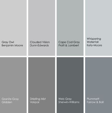 1. Gray Owl 2137-60, Benjamin Moore 2. Clouded Vision DE6380, Dunn-Edwards 3. Cape Cod Gray 28-24, Pratt & Lambert 4. Whispering Waterfall KM3849-1, Kelly-Moore Paints 5. Plummett 272, Farrow & Ball 6. Web Gray SW7075, Sherwin-Williams 7. Drizzling Mist 4006-1C, Valspar 8. Granite Gray A2005, Glidden Kelly Moore Paint, Pittsburgh Paint, Gray Paint Colors, Gray Paint, Grey Paint, Grey Paint Colors, Shades Of Gray, Remodel Bedroom, Basement Remodeling