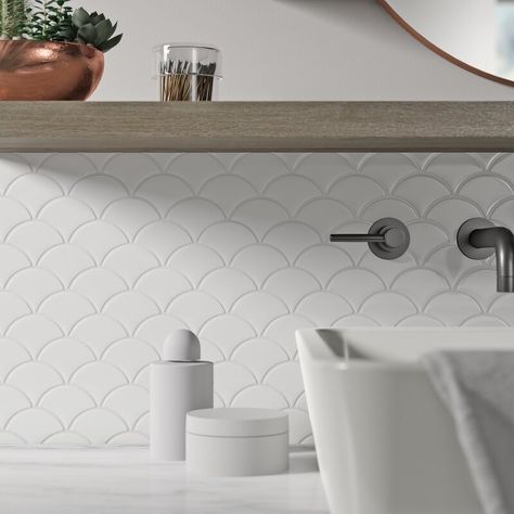 Modern Coastal Kitchen, Scallop Tiles, Fish Scale Tile, Art Deco Tiles, Porcelain Mosaic Tile, Kitchen Design Trends, Coastal Kitchen, Fish Scale, Porcelain Mosaic