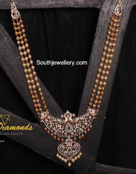 South Sea Pearls Mala with Peacock Diamond Pendant Pearls Mala, Pearl Mala, Diamond Pendant Jewelry, Antique Gold Jewelry Indian, Jewellery Wedding, Gold Jewelry Simple Necklace, Beautiful Gold Necklaces, Gold Necklace Indian Bridal Jewelry, Gold Jewelry Stores