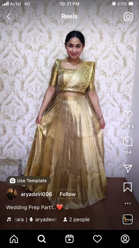 Langa Davani Designs, Gold Half Saree, Ns Creations, Gold Blouse Designs, Long Skirt Top Designs, Onam Outfits, Half Saree Function, Lehenga Saree Design, Half Saree Lehenga