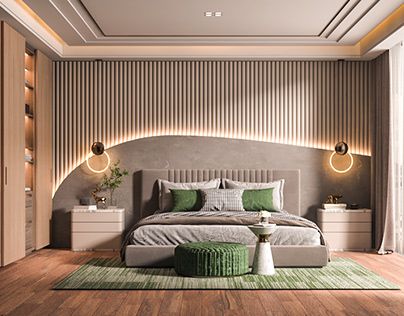 Modern Bedroom With Panelling, Interior Of Bedroom Modern, Premium Bedroom Interior, Special Bedroom Design, Vertical Interior Design, Bed Panelling Modern Luxury, Modern Bedroom Panelling, Morden Luxury Bedroom Design, Bedroom Wall Designs Modern Luxury