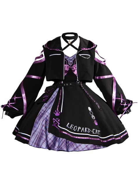 Women's Kawaii Kitty Lolita Dress Features：   	Product ID:DS0504  	Material:Polyester  	Season:Spring,Summer,Autumn,Winter  	Color:Purple  	Include:Dress*1+Blouse*1+Waist Bag*1  Size Chat： Cat Inspired Outfits, Cat Jacket, Cat Outfit, Cat Dark, Karakter Sanrio, Kawaii Kitty, Mode Kawaii, Leopard Cat, Bear Outfits