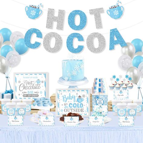 PRICES MAY VARY. 【What You Get】 - The Hot Cocoa Bar Kit package includes 1pcs PRE-STRUNG Glitter "HOT COCOA" banner, 2pcs Bar Signs, 12pcs Preset Toppings Tent Cards,6pcs Blank Tent Cards, 18pcs Cup Tags which are designed with pure blue & silver color and 30pcs balloons(10*snowflake balloons, 10*light blue balloons, 10*silver balloons) 【Blue Silver Snowflake Design】- The blue and silver hot cocoa bar kit will bring a pure blue & silver world to you and also add more fun and make every one feel Frozen Baby Shower, Quinceanera Winter Wonderland, Snowflake Balloons, Winter Baby Shower Decorations, Winter Wonderland Party Theme, Outside Bar, Bar Banner, Winter Wonderland Decorations, Winter Wonderland Birthday