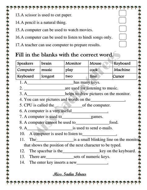 Grade 1 Computer worksheet 'parts of computer' Fill in the blanks Computer Worksheet For Class 3, Computer Worksheets Grade 2, Computer Grade 1 Worksheet, Parts Of Computer Worksheet, Computer Worksheet For Grade 4, Computer Worksheet, Computer Activities For Kids, Computer Lab Rules, Computer Exam