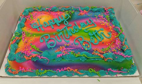 Colorful sheet cake in buttercream Neon Birthday Sheet Cakes, Neon Sheet Cake, Fun Sheet Cake Designs, Colorful Sheet Cake, Rainbow Sheet Cake Birthday, Glow Cakes, Rainbow Sheet Cake, Sheet Cakes Decorated Birthdays, Sheet Cake Designs Birthday