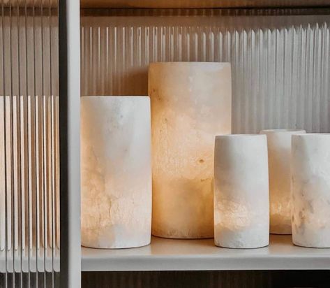 "Unique Handmade white alabaster stone, handmade from crystallized rock in the Sahara desert. An arrangement of these candle holders gives any room a magical and warm glow  Price includes expedited DHL shipping Approximate dimensions (in.): Small: 6\" H x 2½\" W  Medium: 8\" H x 3½\" W Large: 10\" H x 4½\" W Care instructions; wipe with a dry cloth." Bedroom Items Decor, Alabaster Candle Holder, Alabaster Lights, Alabaster Bathroom, Alabaster Candle, Arch Wall Mirror, Moroccan Ceiling, Festive Tablescape, Arch Wall